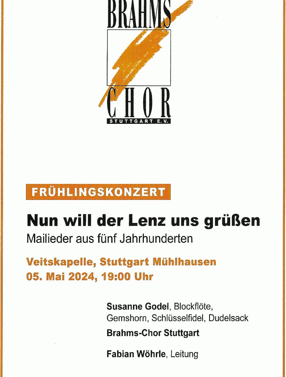 Plakat zum Konzert des Brahms-Chor Stuttgart am 05. Mai 2024 in der Veitskapelle, Stuttgart-Mühlhausen