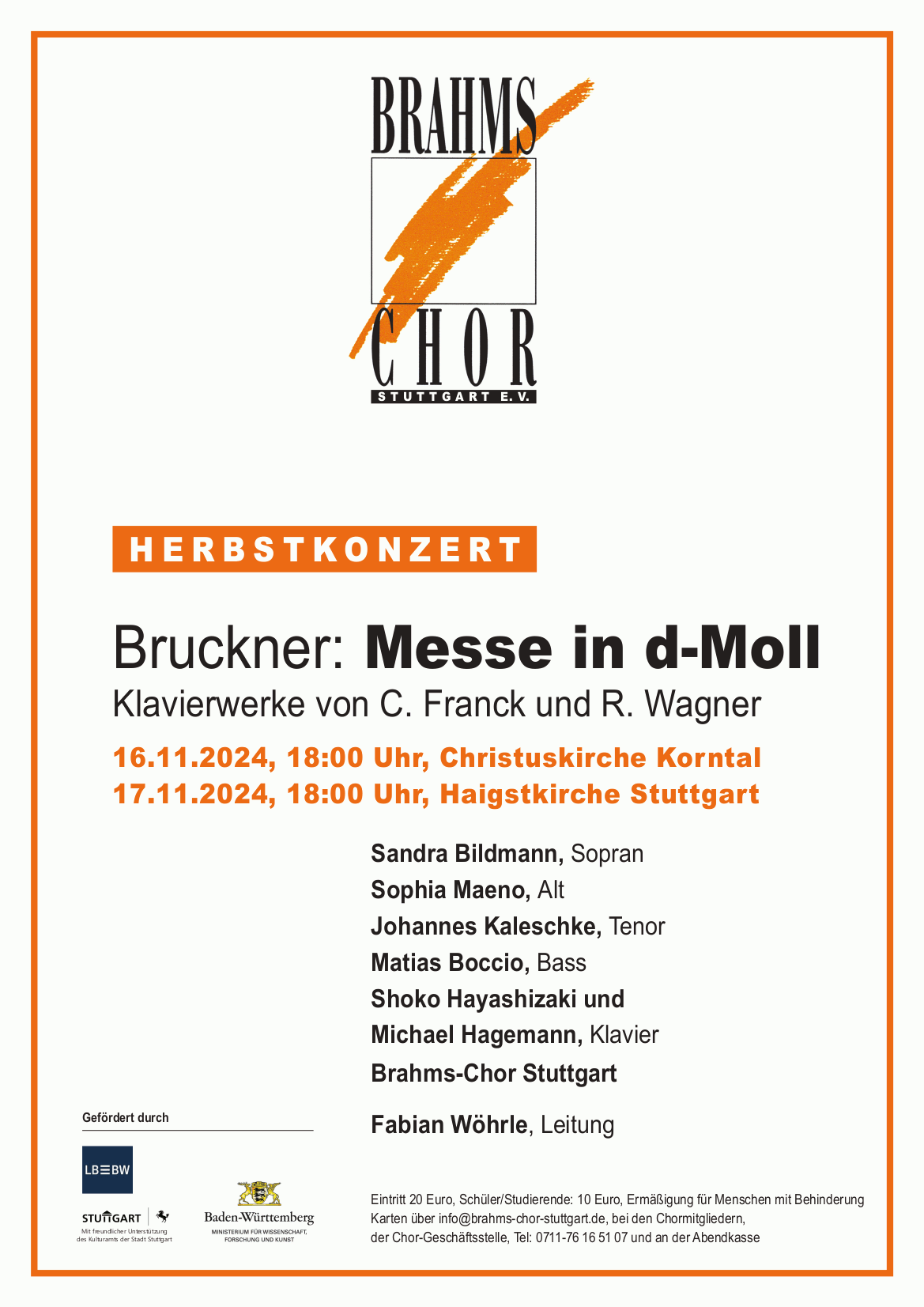 Brahms-Chor Stuttgart: Herbstkonzert 2024 - Bruckner: Messe in d-moll