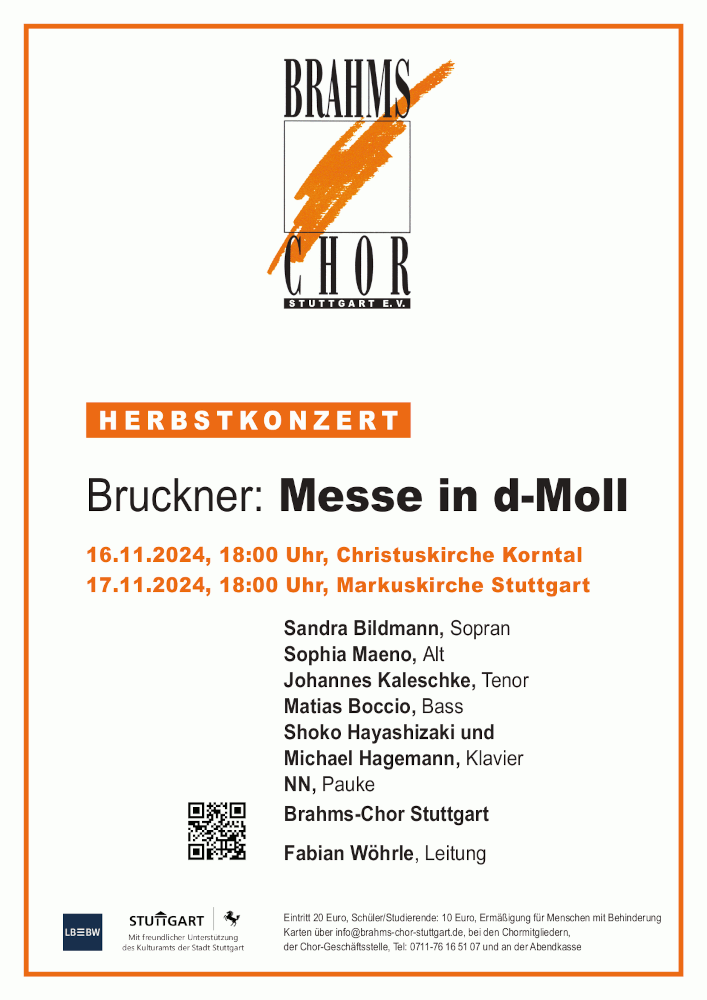 Brahms-Chor Stuttgart: Herbstkonzert 2024 - Bruckner: Messe in d-moll